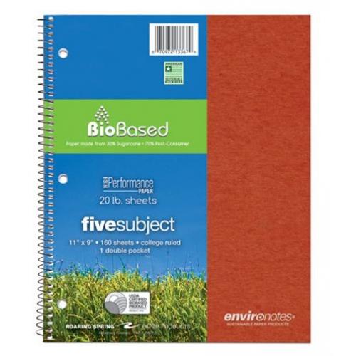 Biobased Environotes Assorted Colors 5-Subject 1 Pocket Spiral Notebook