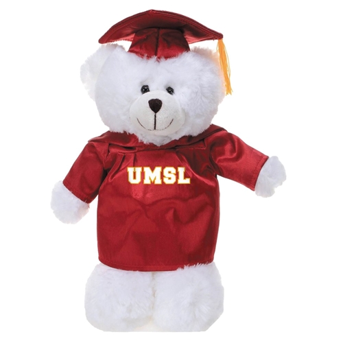 White UMSL Red Grad Bear with Cap and Gown